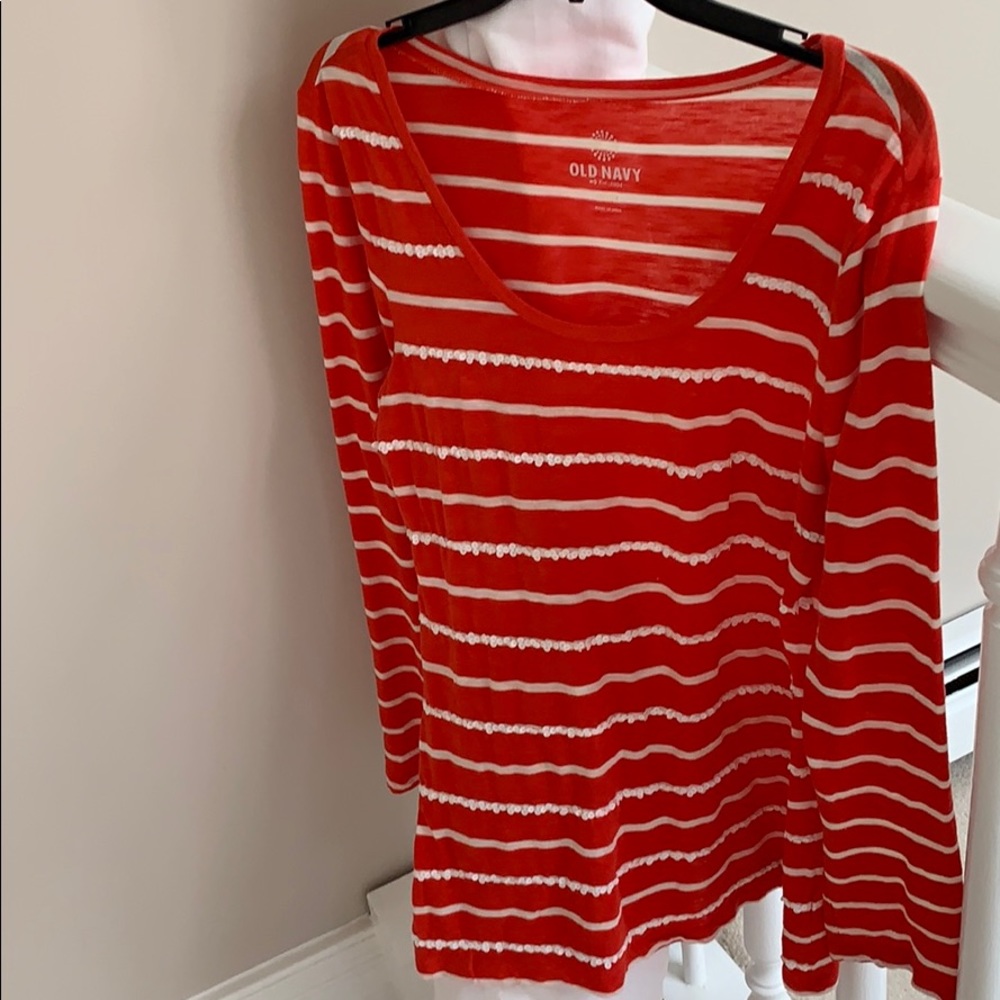 long sleeved top sequinned striped scoop neckline